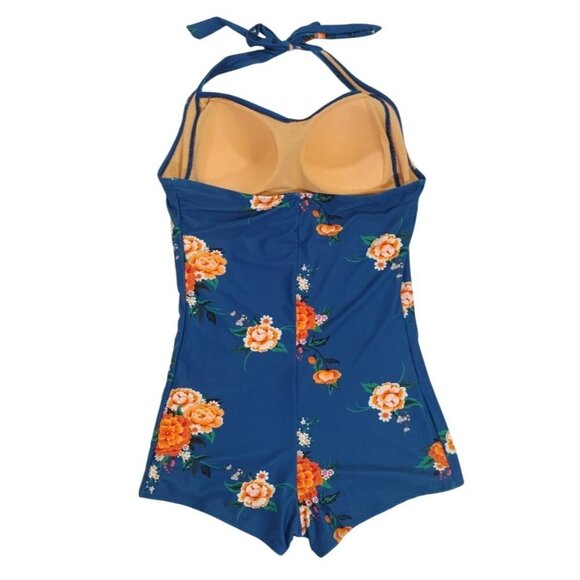Womens Floral One-Piece Halter Swimsuit XXL Blue & Orange Retro Style. - Picture 2 of 7